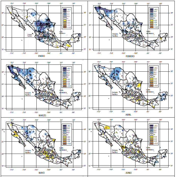 Figura 5 – Correlación entre PDO y precipitación en México (Enero-Junio). Fuente: (Méndez-González, Ramírez-Leyva, Cornejo-Oviedo, Zárate-Lupercio, & Cavazos-Pérez, 2010)