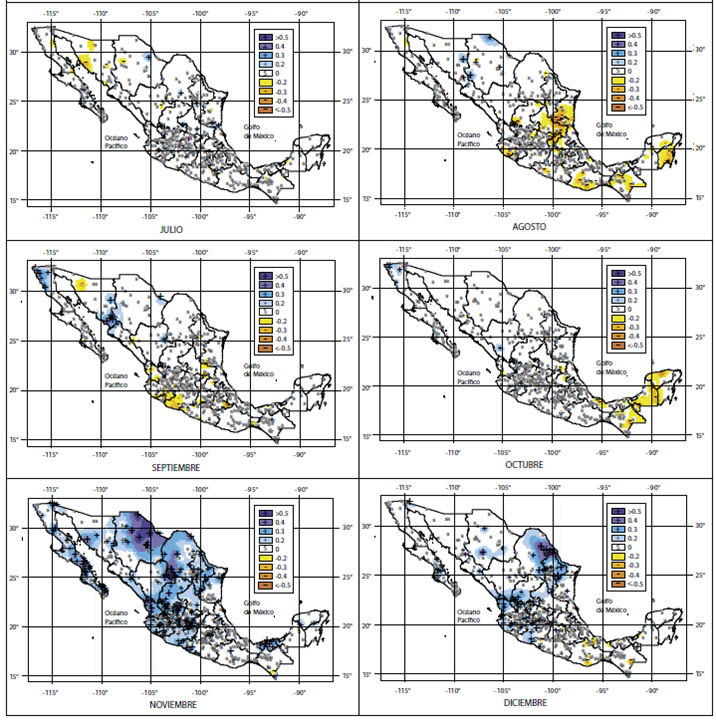 Figura 6 – Correlación entre PDO y precipitación en México (Julio-Diciembre). Fuente: (Méndez-González, Ramírez-Leyva, Cornejo-Oviedo, Zárate-Lupercio, & Cavazos-Pérez, 2010)